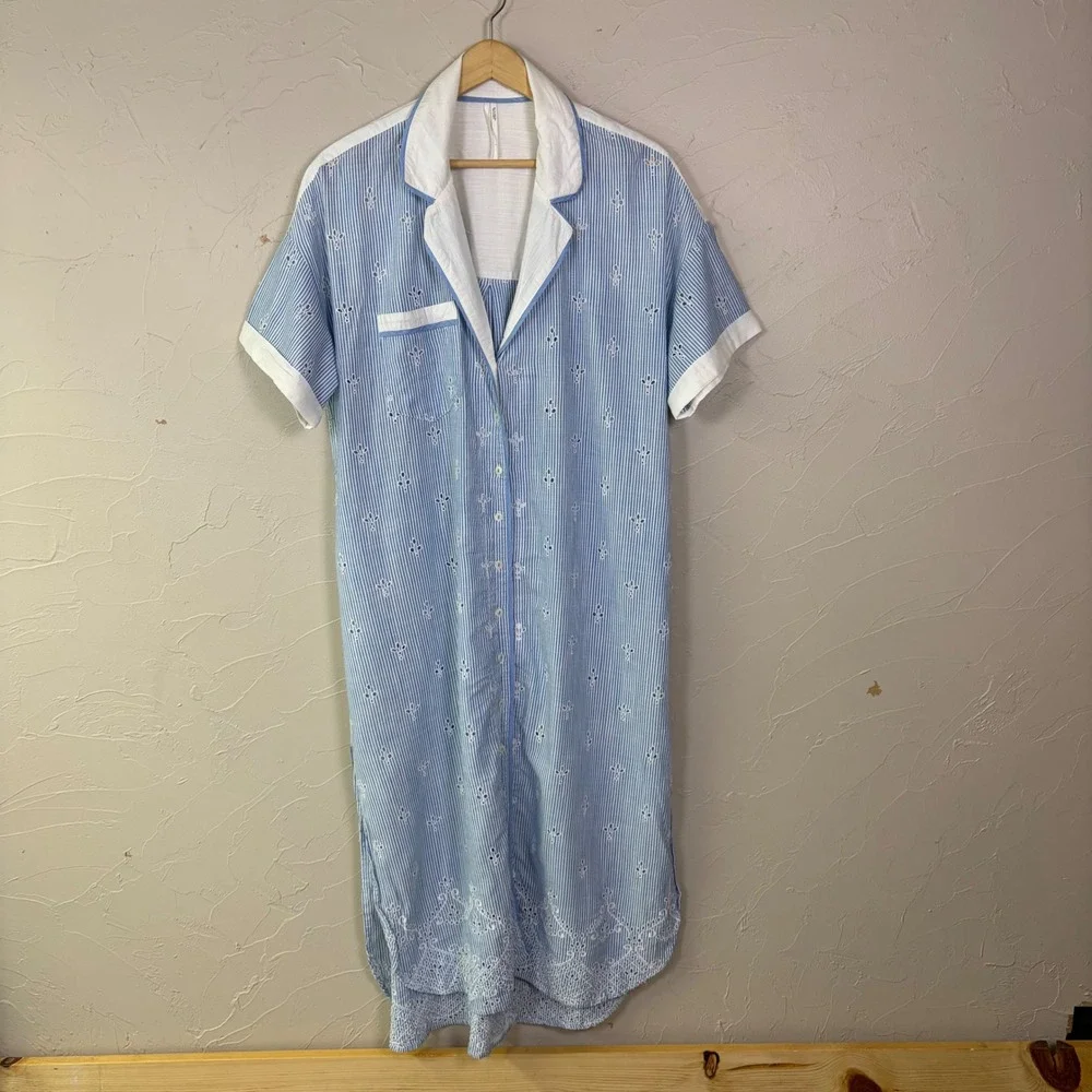 Anthropologie Eyelet Striped Midi Shirtdress Women L Blue White Coastal Cottage
